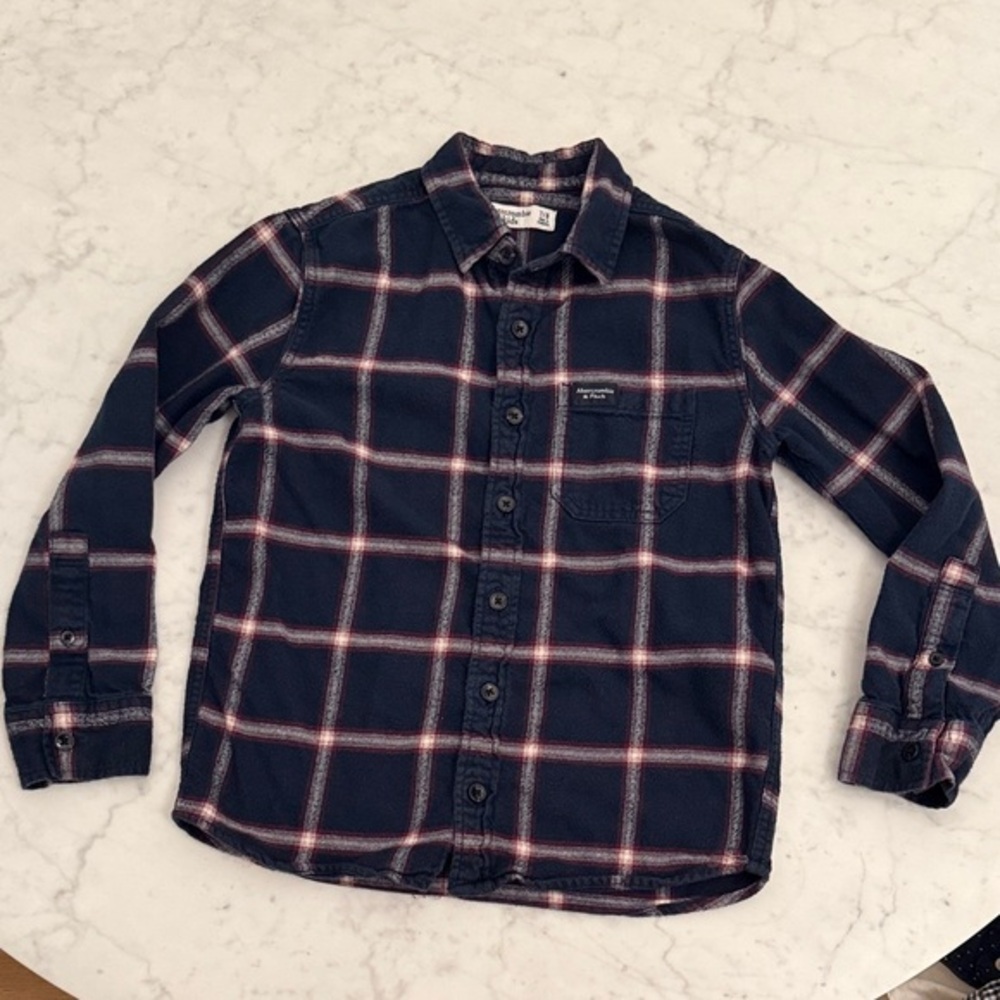 Abercrombie Kids Boys Navy Red Plaid Flannel Shirt 7/8